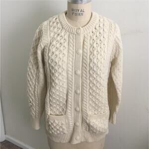 Vintage Aran Crafts Cable Knit Cream Cardigan Ireland Irish Fisherman Sweater S
